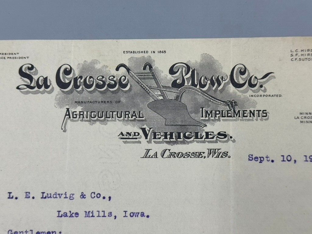1909 LA CROSSE PLOW Co Wisconsin Advertising FARM Machinery Letter