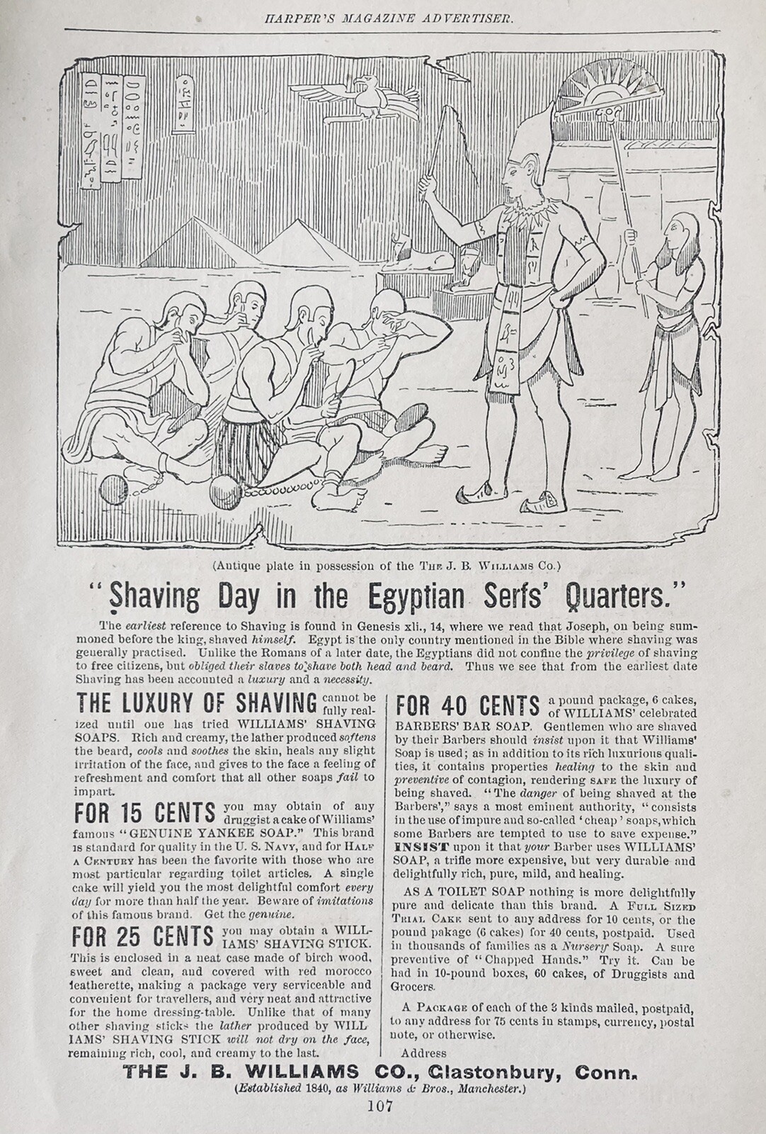 1889 AD(XH6)~J.B. WILLIAMS CO. GLASTONBURY, CONN. SHAVING HISTORY BEGINNINGS