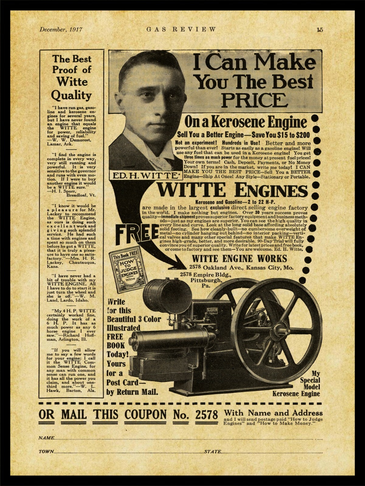 1917 Witte Engine Works NEW Metal Sign: Kerosene Engines – Kansas City, Missouri