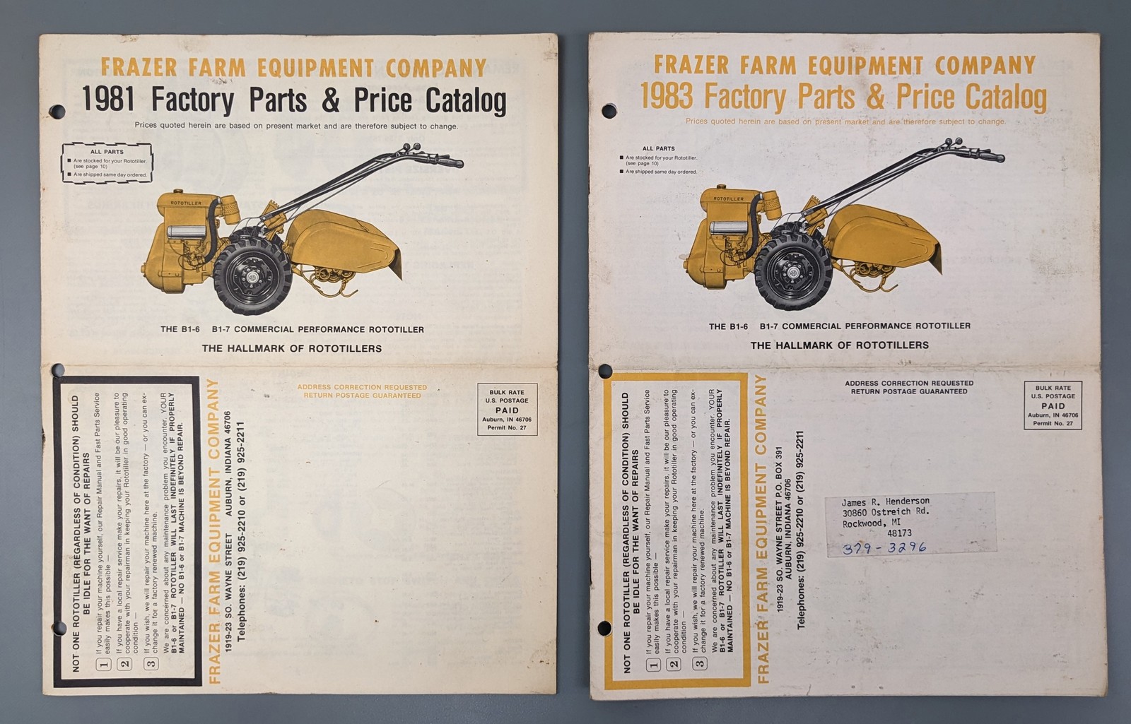 (2) Frazer Rototiller Factory Parts + Price Catalogs 1981 1983