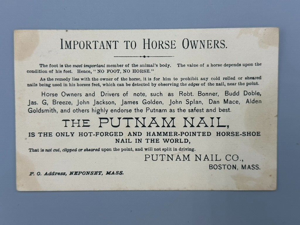 1881 HORSE SHOE Advertising PUTNAM NAIL Racing TRADE CARD