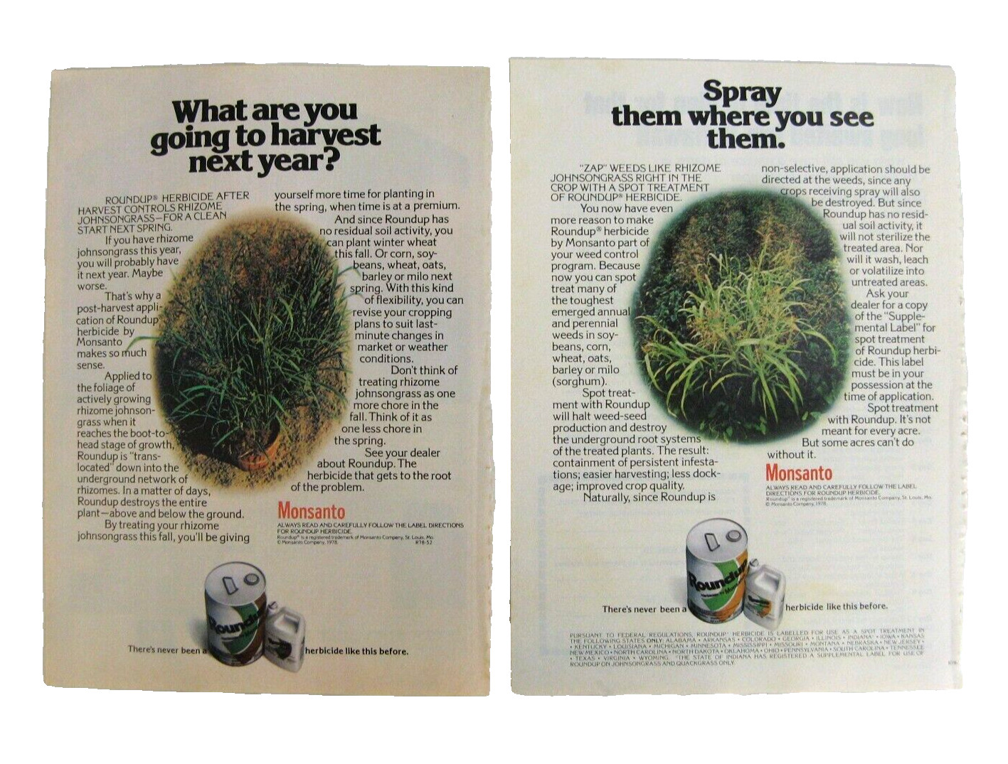 Two 1978 Monsanto Roundup Herbicide Print Ads photo is of actual ads