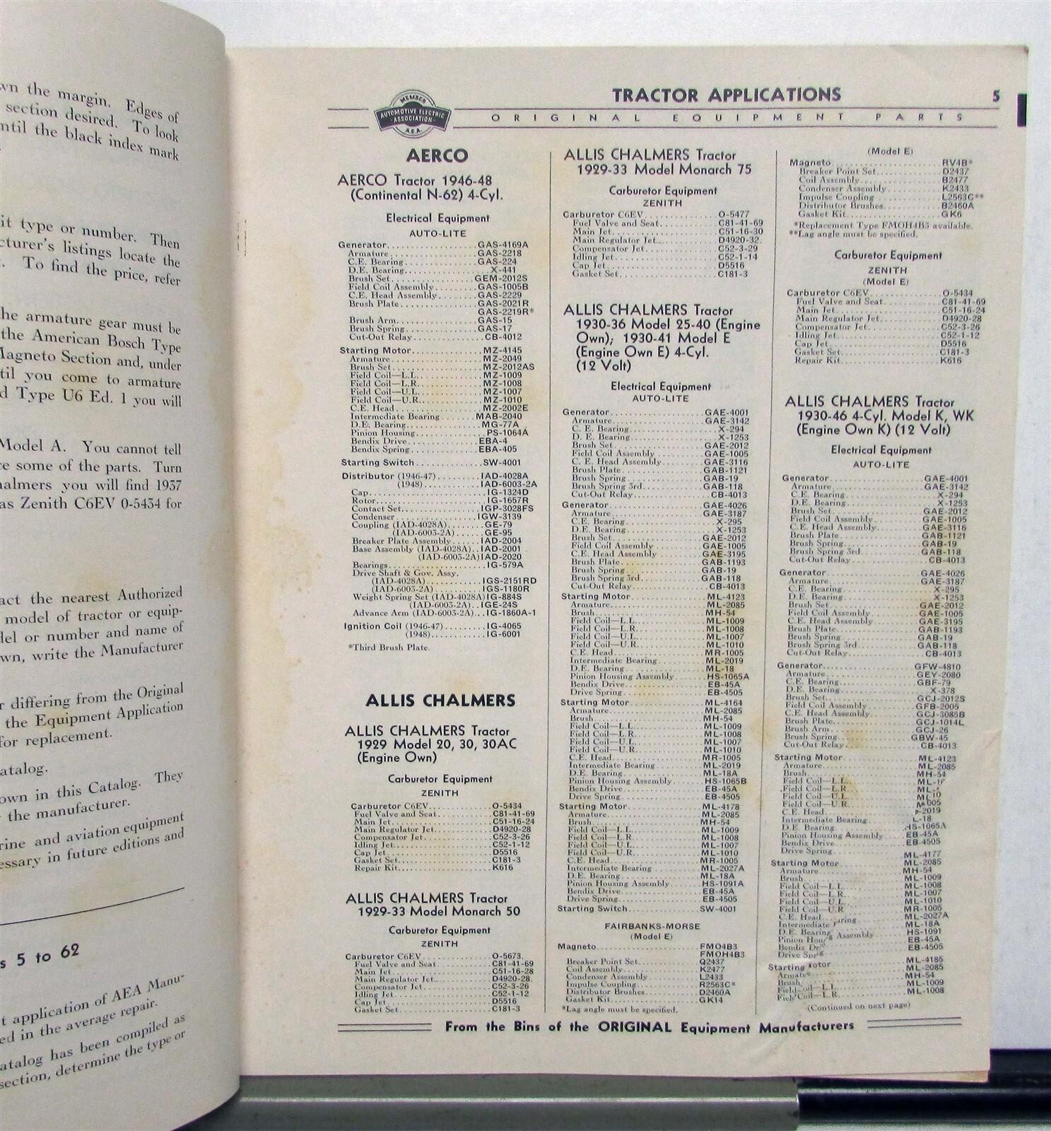 1949 A.E.A. Tractor &rsquo;36-&rsquo;48 Models Specs Construction Parts Catalog & Price List