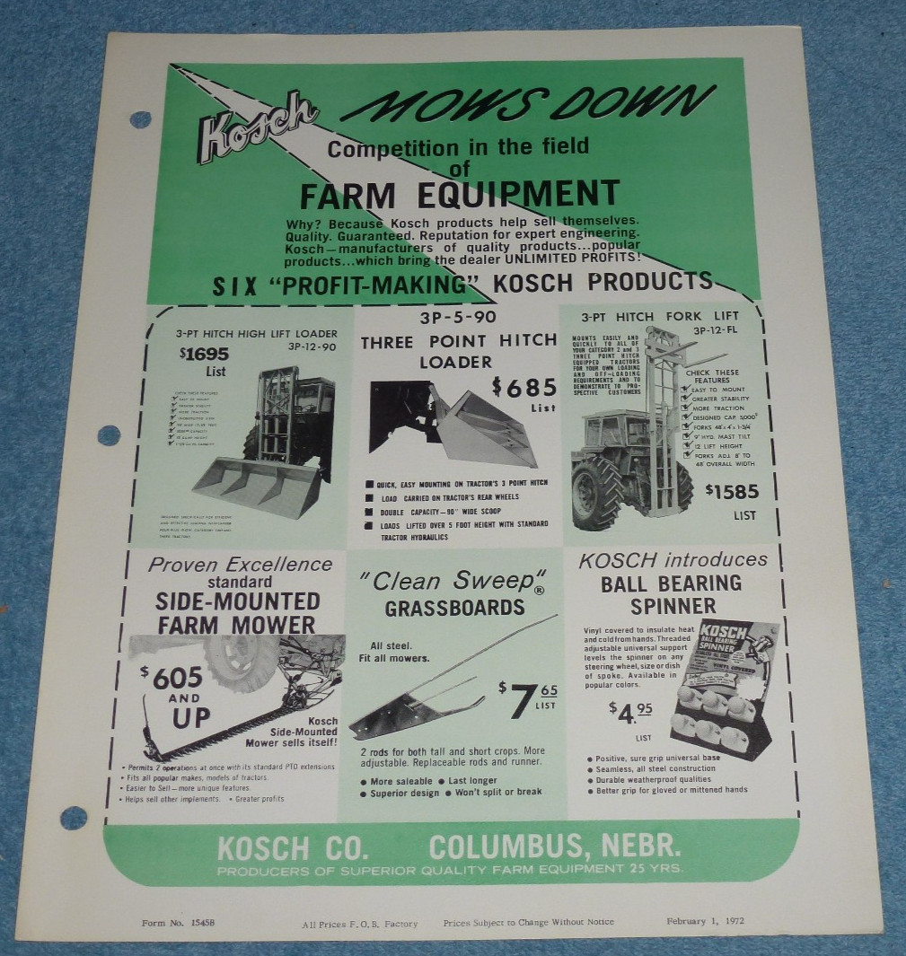 Vintage 1972 Kosch Co Farm Equipment Brochure Price List Fork Lift Mower etc