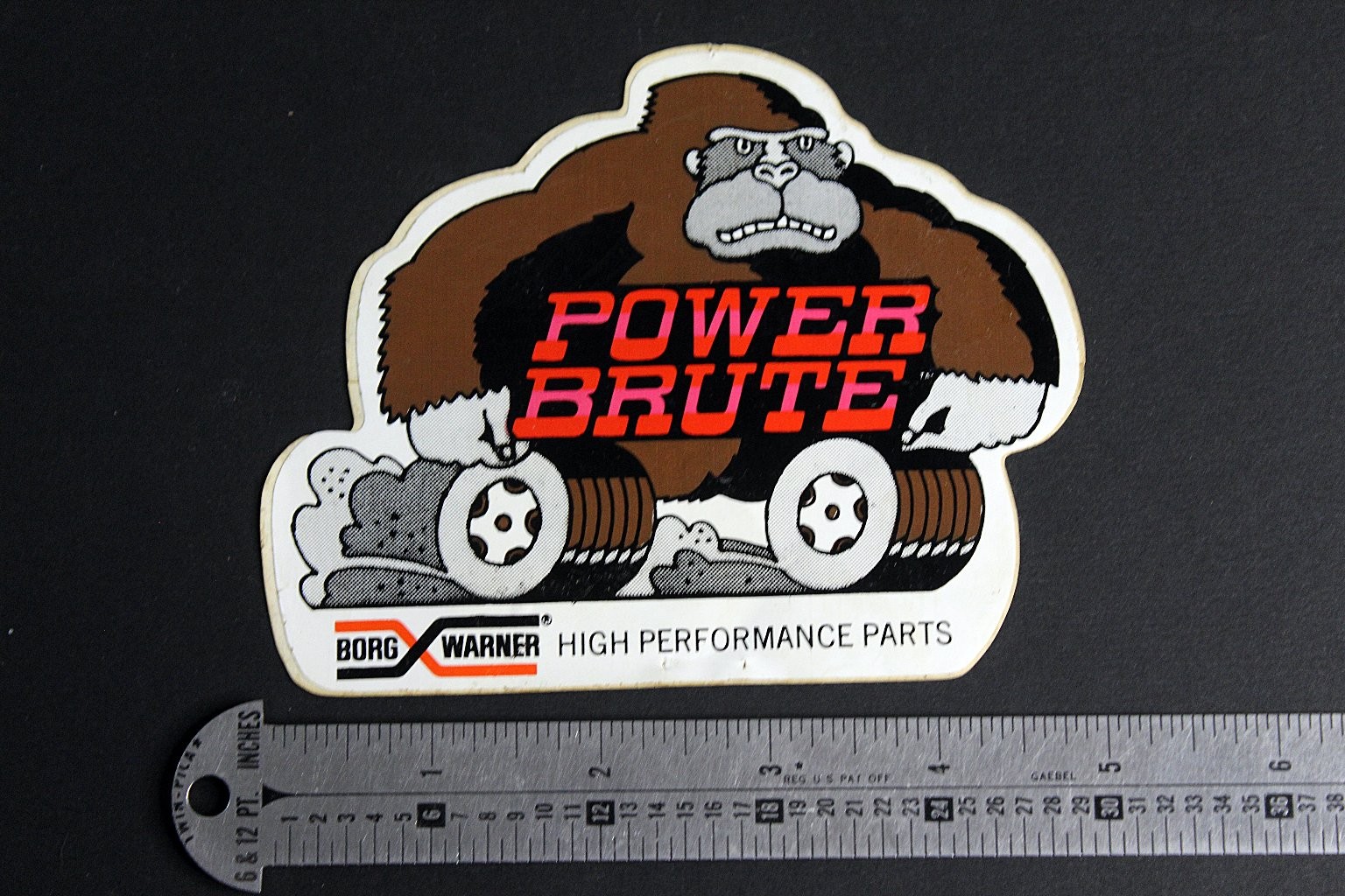 Borg Warner Power Brute Vintage Die-Cut Advertising Sticker 5in Brown