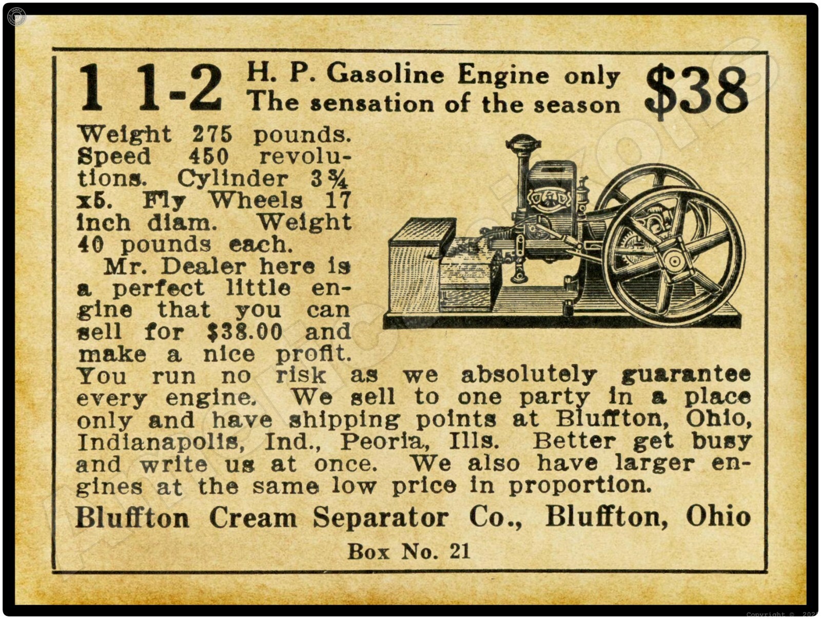 1911 Bluffton Cream Separator Co. Gas Engines New Metal Sign: LARGE SIZE 12 x 16