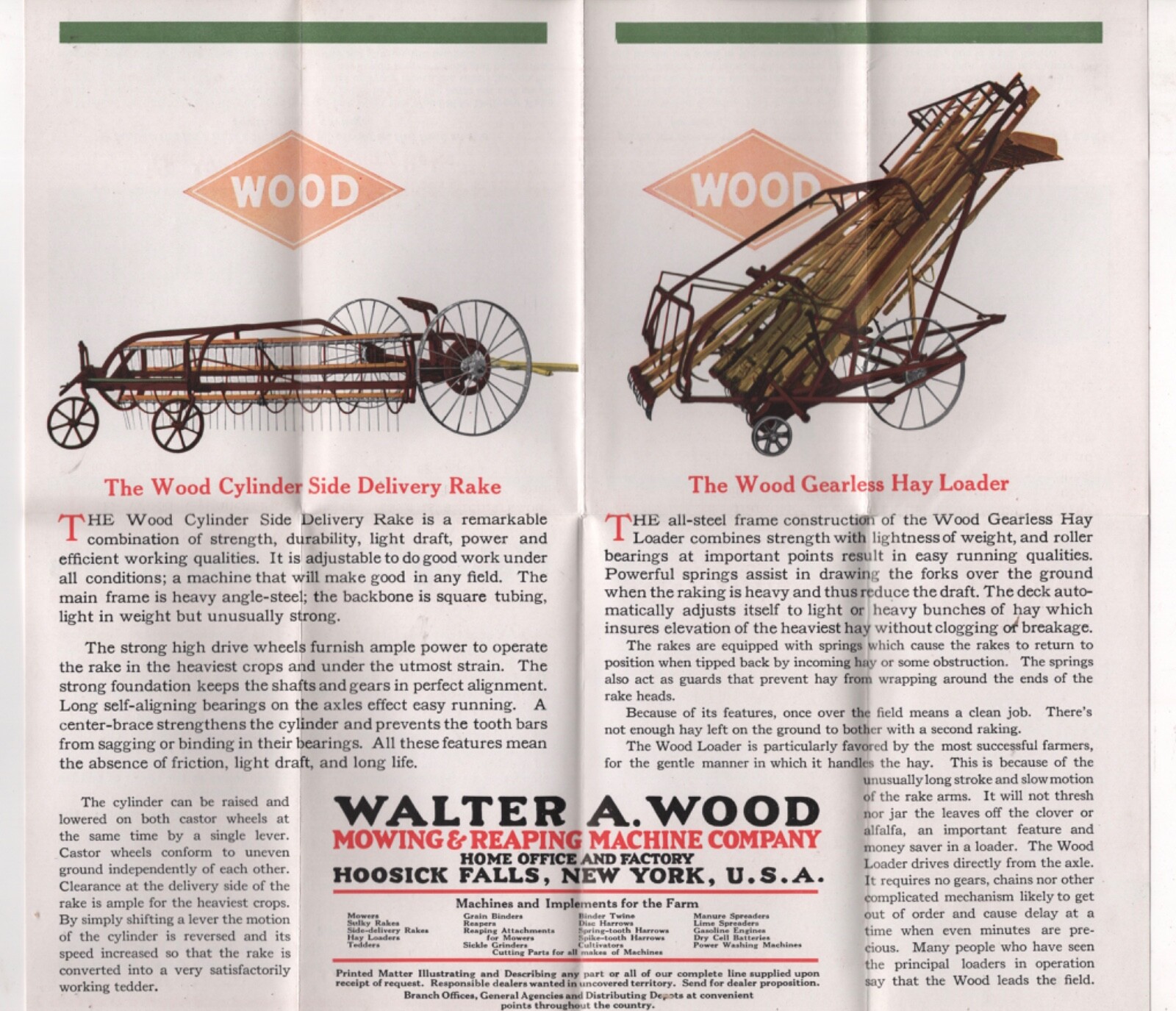 CA 1930 WALTER WOOD MOWING REAPING MACHINE CO FLYER HAY LOADER HOOSICK FALLS NY
