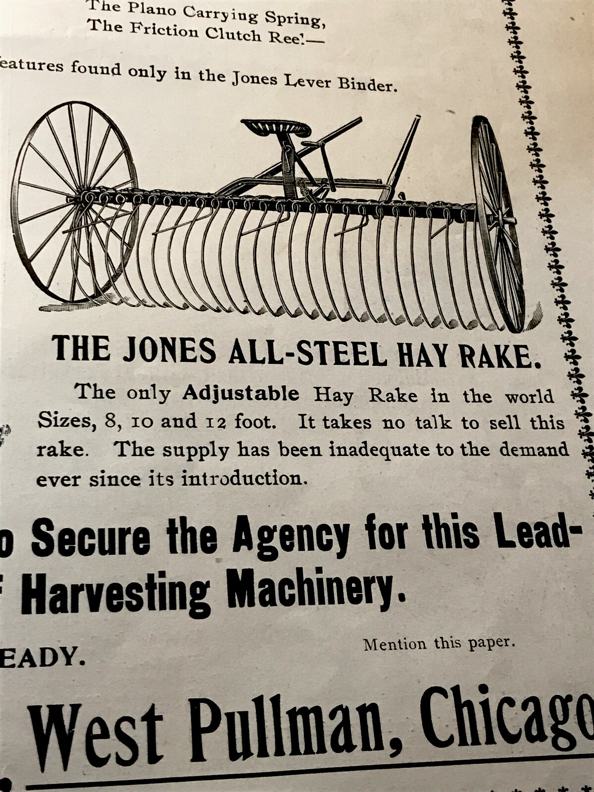 ORIGINAL 1897 Plano Farm Implements Advertising – Chicago – 10” X 15”