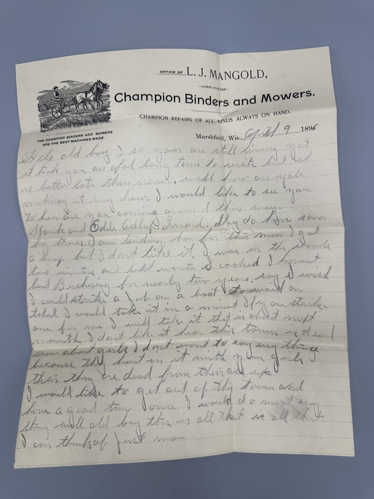 1896 CHAMPION Binders Mowers MARSHFIELD WI Postal Cover Letter FARM ADVERTISING
