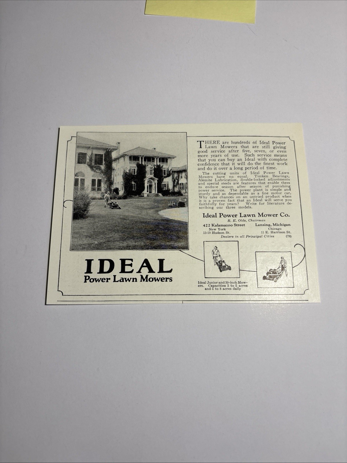 Ideal Power Lawn Mowers Have No Equal- Vintage Magazine 1924 Print Ad – S3