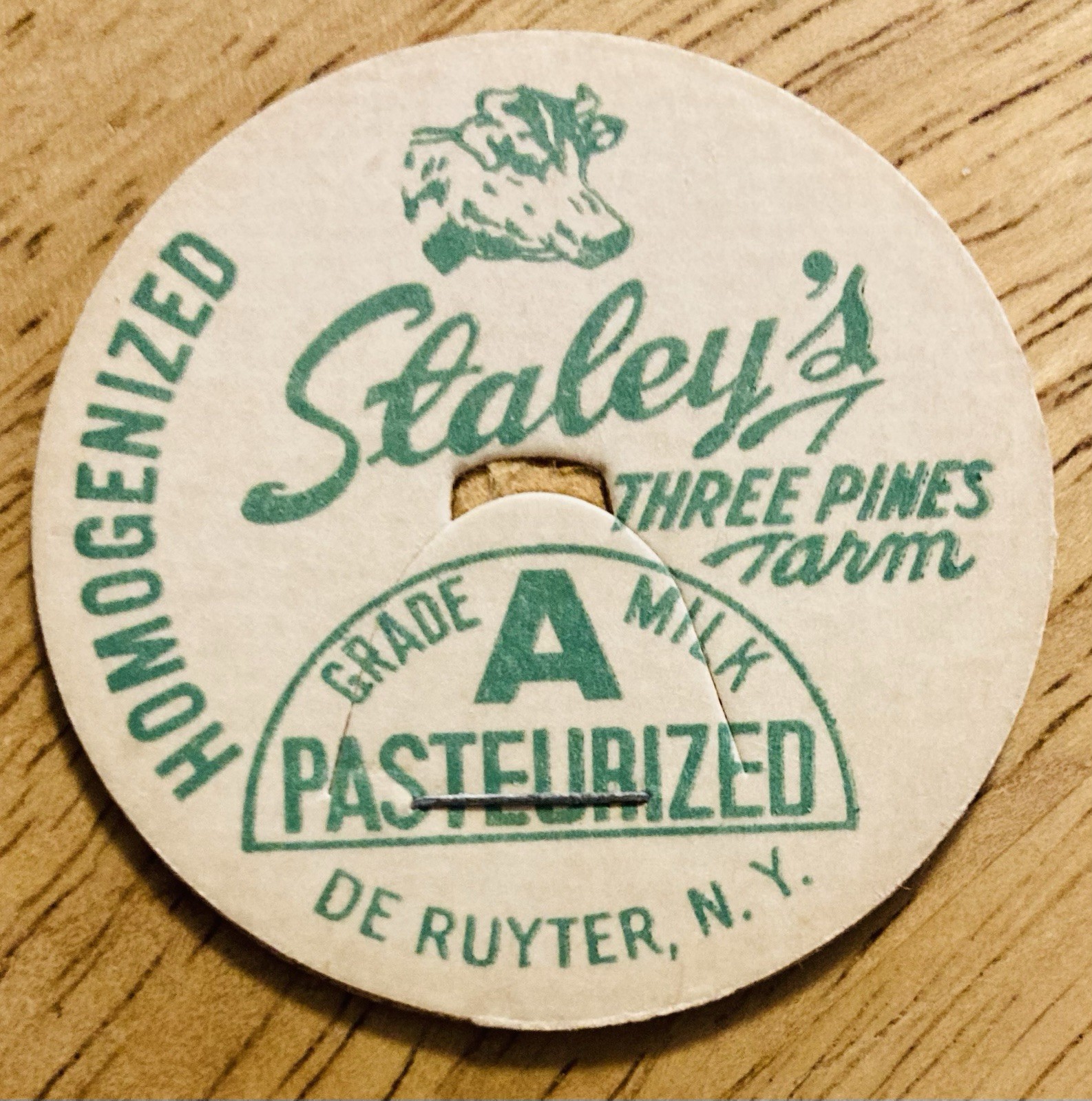 MILK BOTTLE CAP~STALEY’S THREE PINES DAIRY FARM, DE RUYTER, NY.