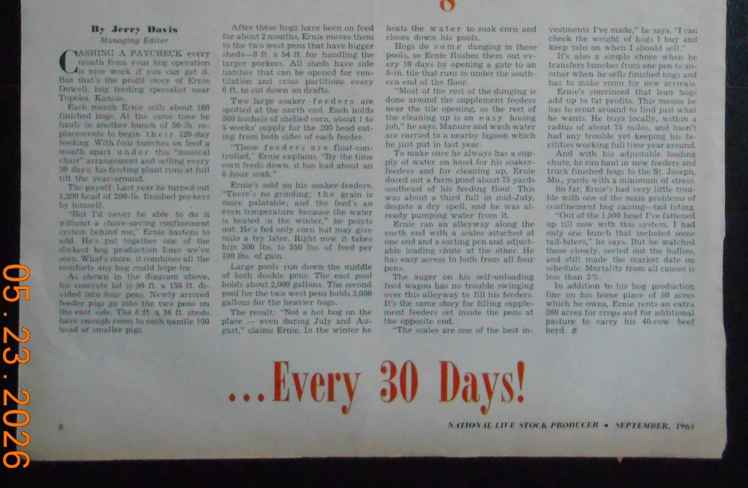 1963 Farmer Ernie Dowell hog feeding specialist Topeka Kansas Article photos AD