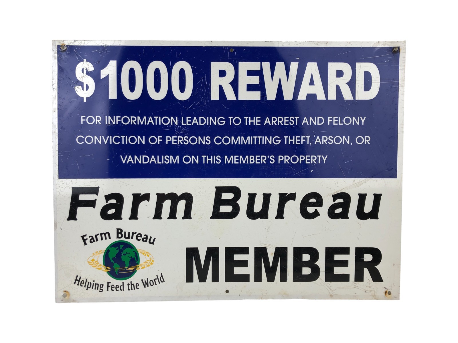 Vintage Farm Bureau $1000 Reward Sign Theft Arson Vandalism Blue White 12 x 16&Prime;