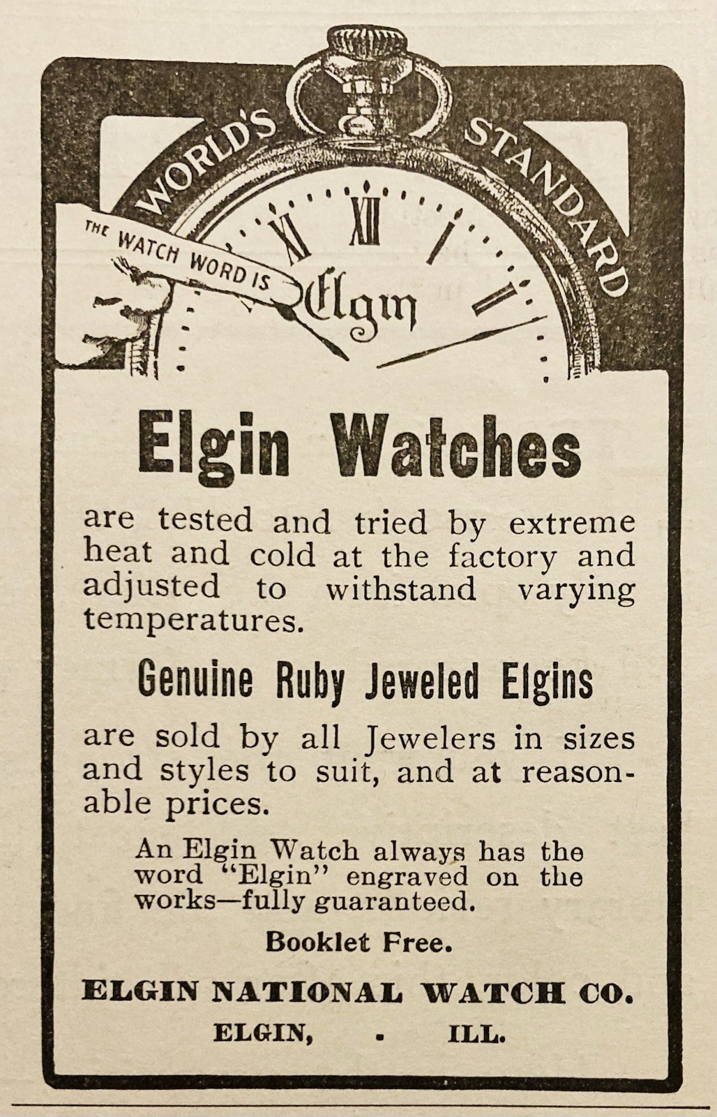 1900 AD.(PC5)~ELGIN NATIONAL WATCH CO. ELGIN, ILL. THE WORLD’S STANDARD WATCH