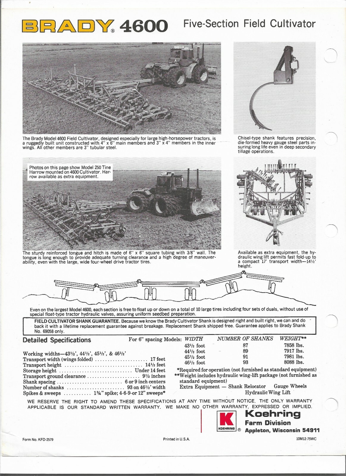 Original Brady Koehring 4600 Five Section Field Cultivator Spec Sheet Brochure