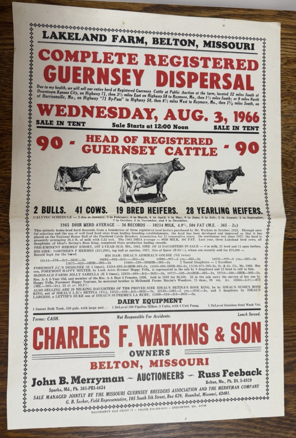 Vintage Auction Poster – GUERNSEY CATTLE & DAIRY IMPLEMENTS 1966 – BELTON, MO