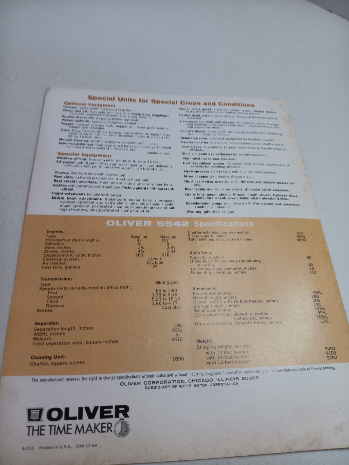 Oliver 5542 Wheatland Combine Tractor Dealers Sales Brochure 1971