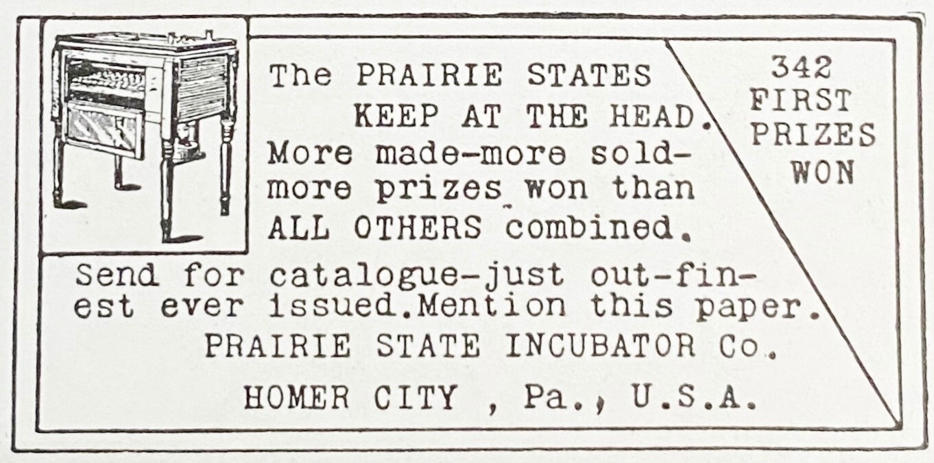 c1890s PRAIRIE STATE INCUBATOR CO. Homer City, Pa. Print Ad~Chicken Raising Farm