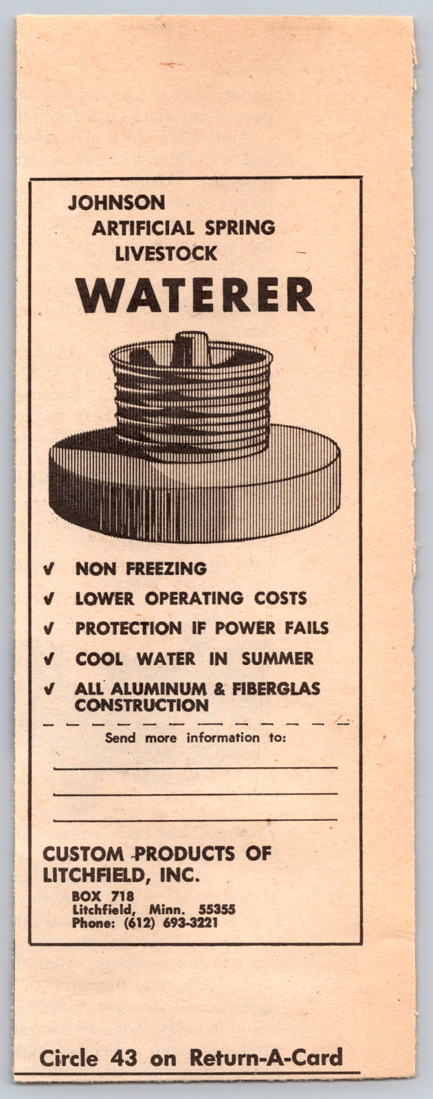 1973 Print Ad Custom Products Litchfield MN Johnson Artificial Spring Livestock