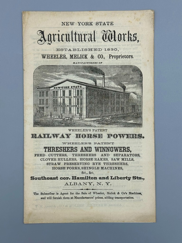 1870s NY AG WORKS Albany WHEELER MELICK Farm CHAMPION Horse THRESHER Advertising