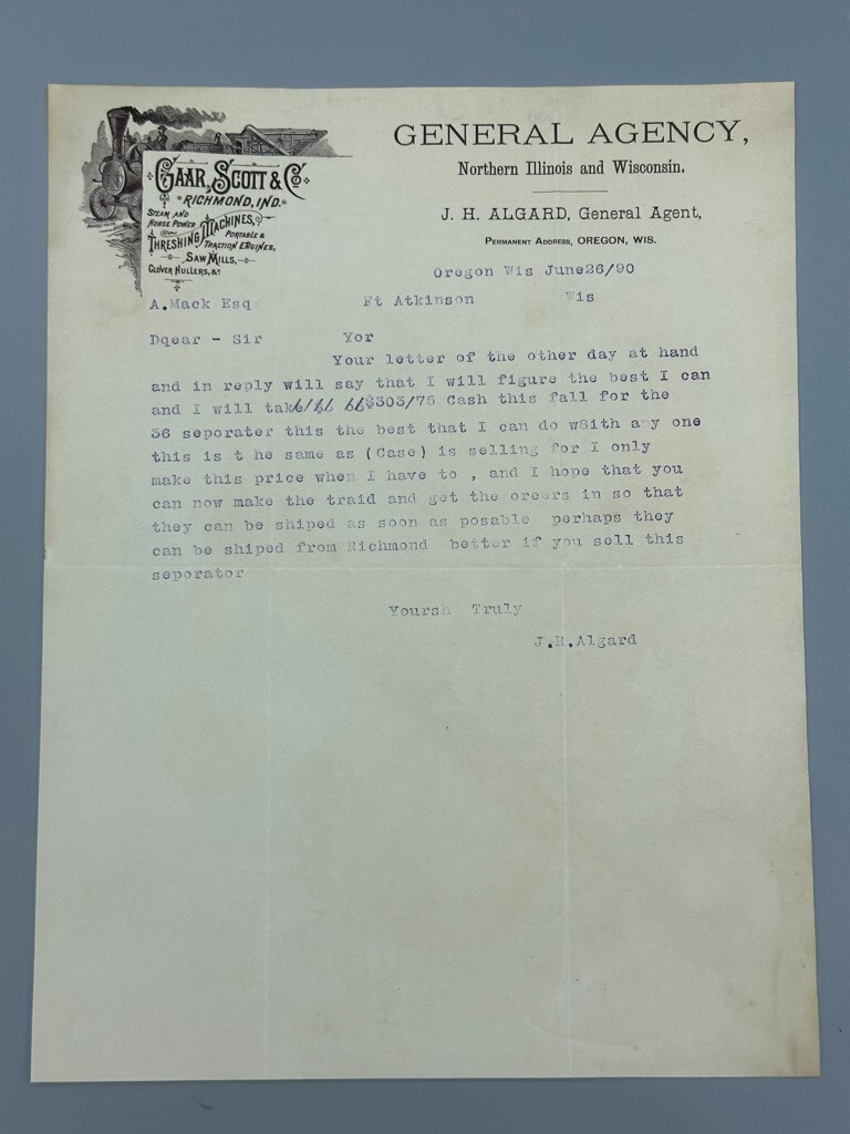 1890 GAAR SCOTT & Co THRESHING MACHINES Engines FARM Advertising Letter Antique
