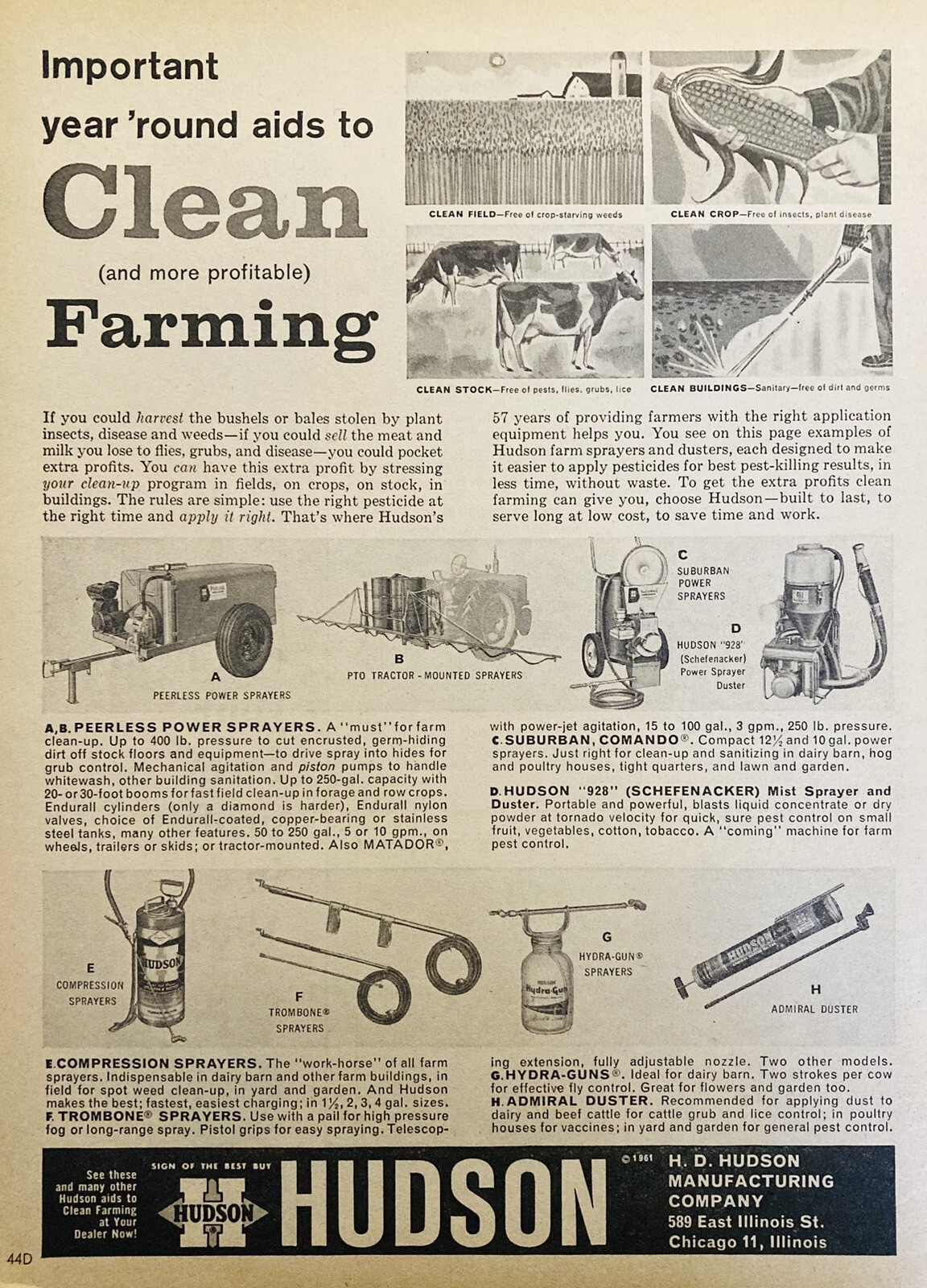 1961 AD.(XH75)~H.D. HUDSON MFG. CO. CHICAGO. HUDSON SPRAYERS AND DUSTERS