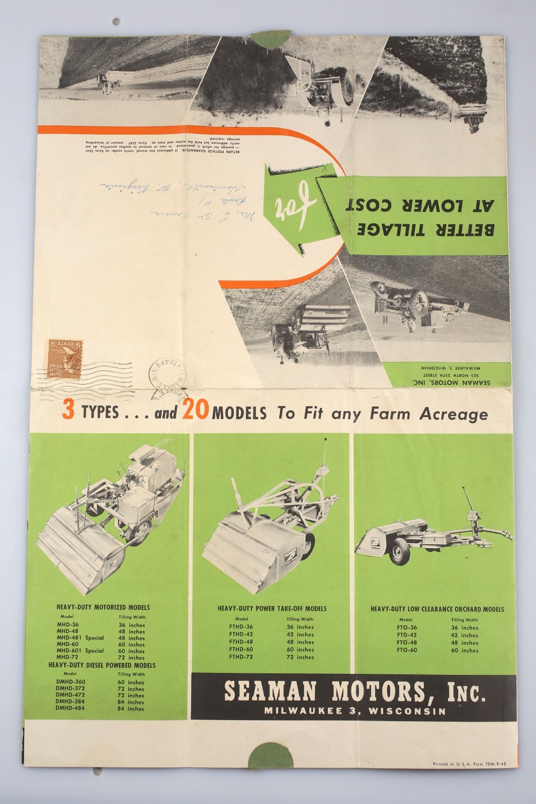 Vintage 1948 Seaman Tiller Farm Agricultural Equipment Foldout Mailer Milwaukee
