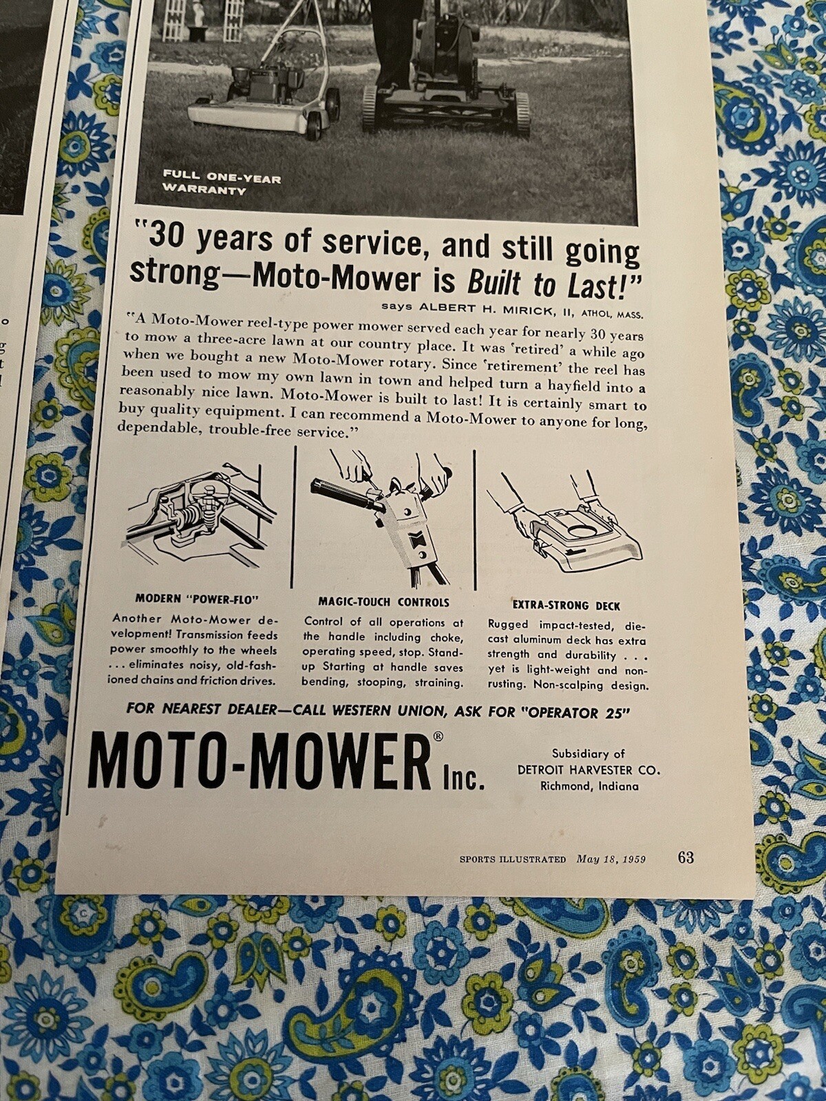 (3) Vintage 1959 Moto Mower Lawn Mower Print Ad Qty 3