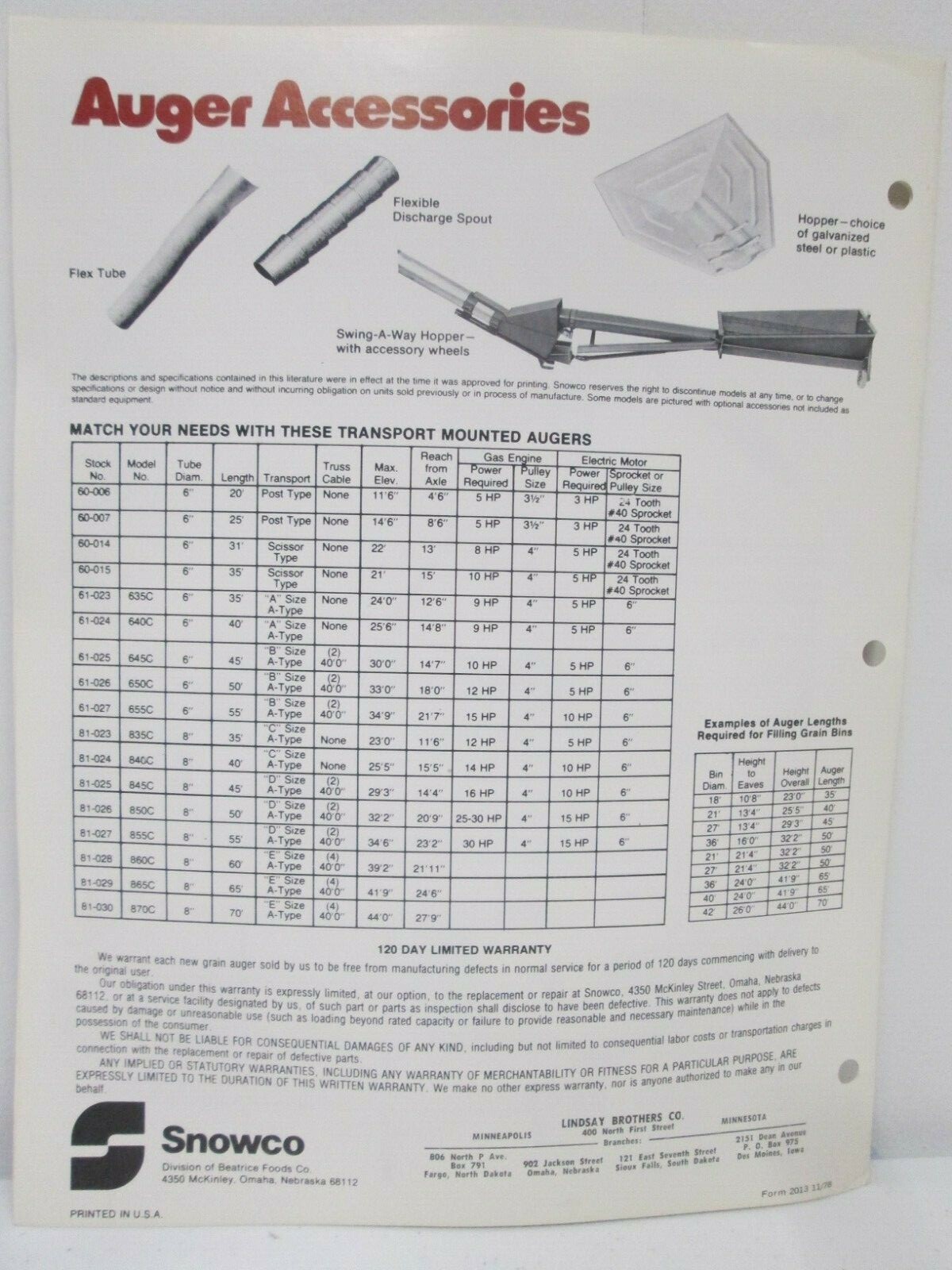 Vintage 1978 Snowco Center Drive and Utility Augers Specifications Brochure