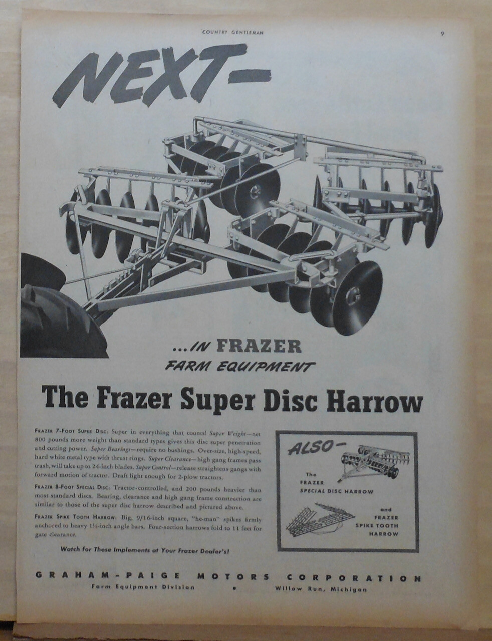 1946 magazine ad for Ferguson Super Disc Harrow – 7 ft. Super Disc, Spike Tooth