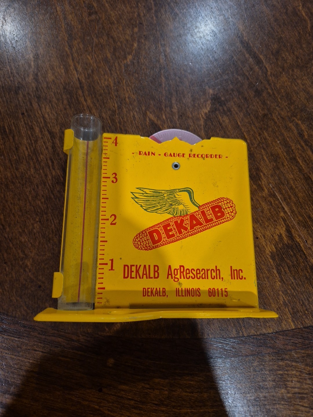 Vintage Dekalb Rain Gauge Recorder AgResearch Metal Glass Farmer Crops Tin Sign