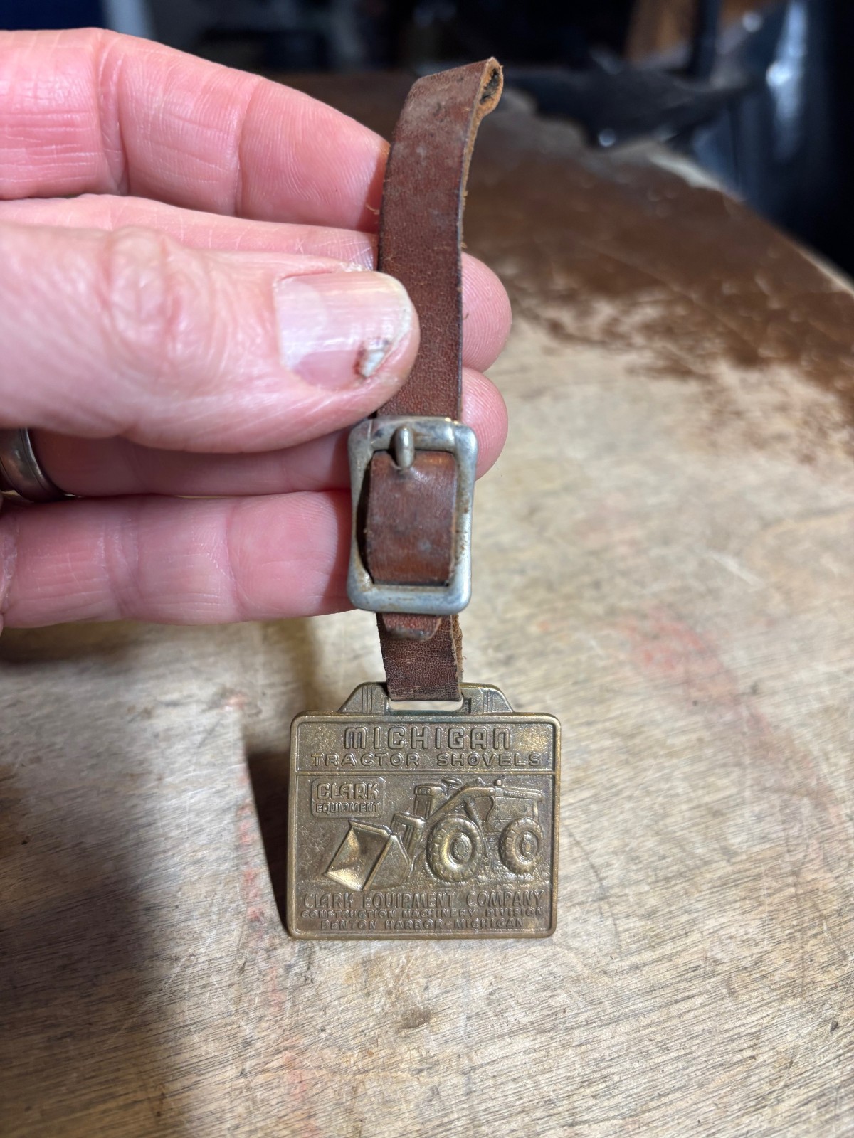 Vintage Michigan Tractor Shovels Badge Tag Metal Clark Equipment Benton Harbor