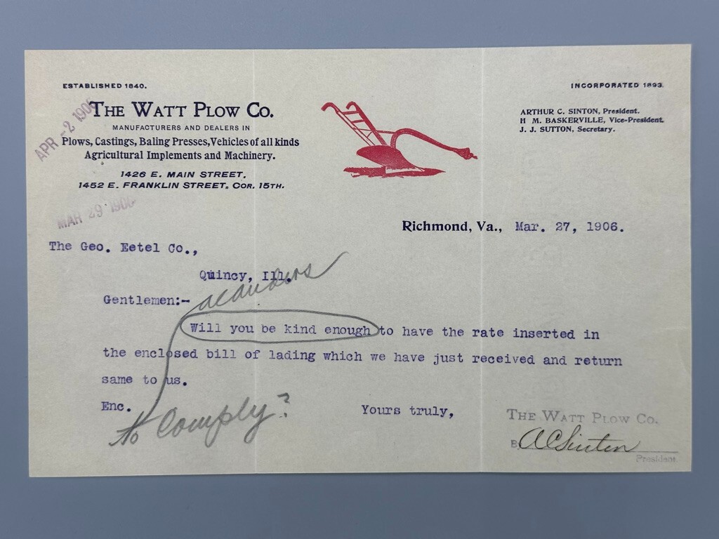1906 WATT PLOW CO Farm Advertising Illustrated Letterhead RICHMOND VA