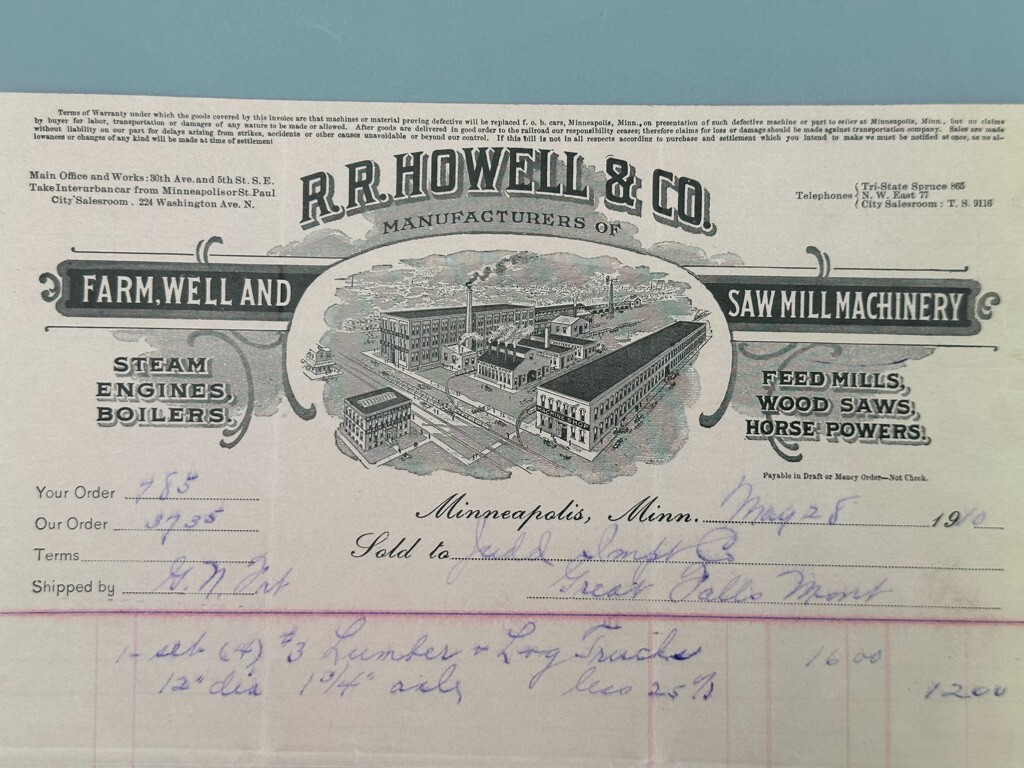 1910 Howell FARM, WELL & SAW MILL MACHINERY Advertising Billhead MINNEAPOLIS