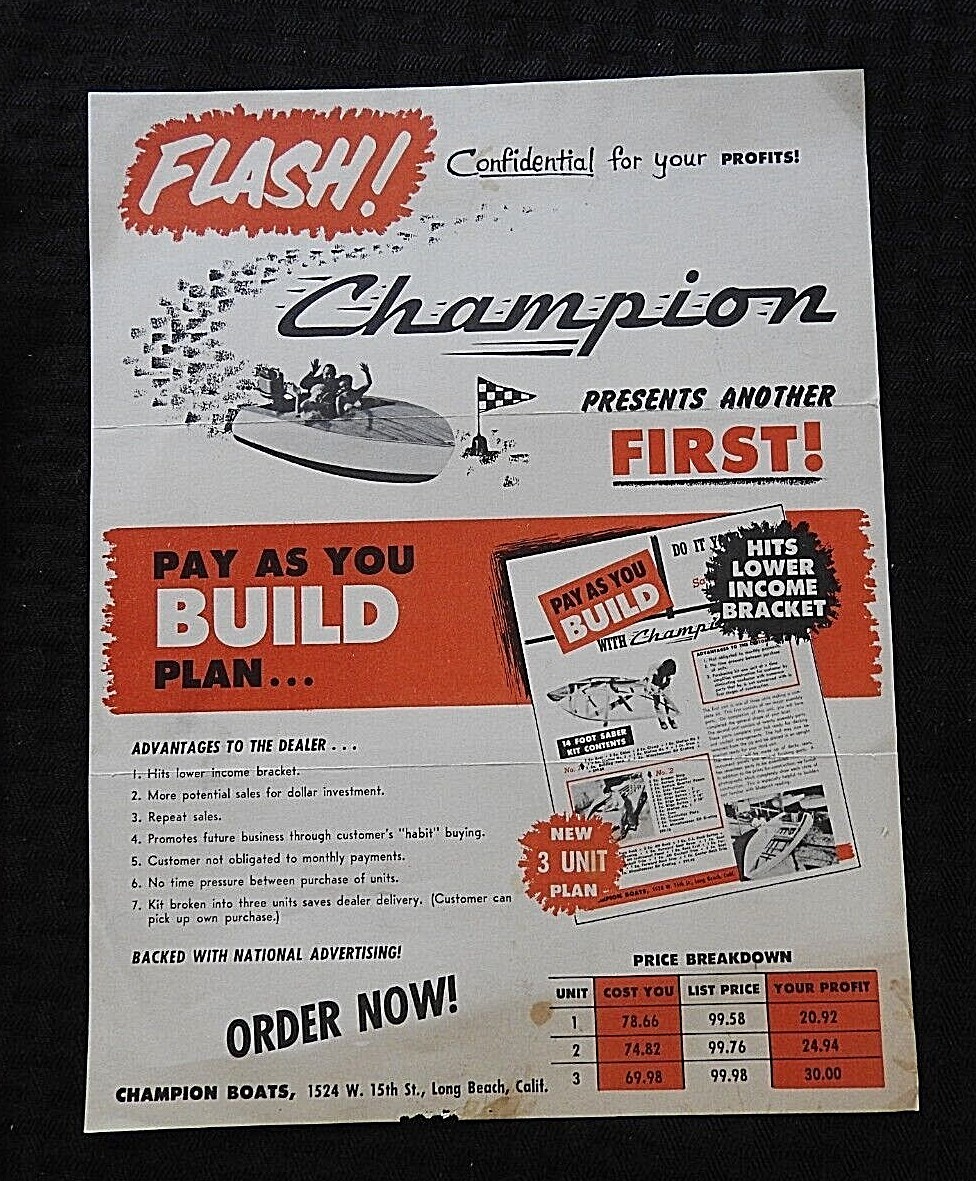(2) 1950&rsquo;s CHAMPION BOATS &lsquo;build your own » BROCHURES LONG BEACH CA CALIFORNIA