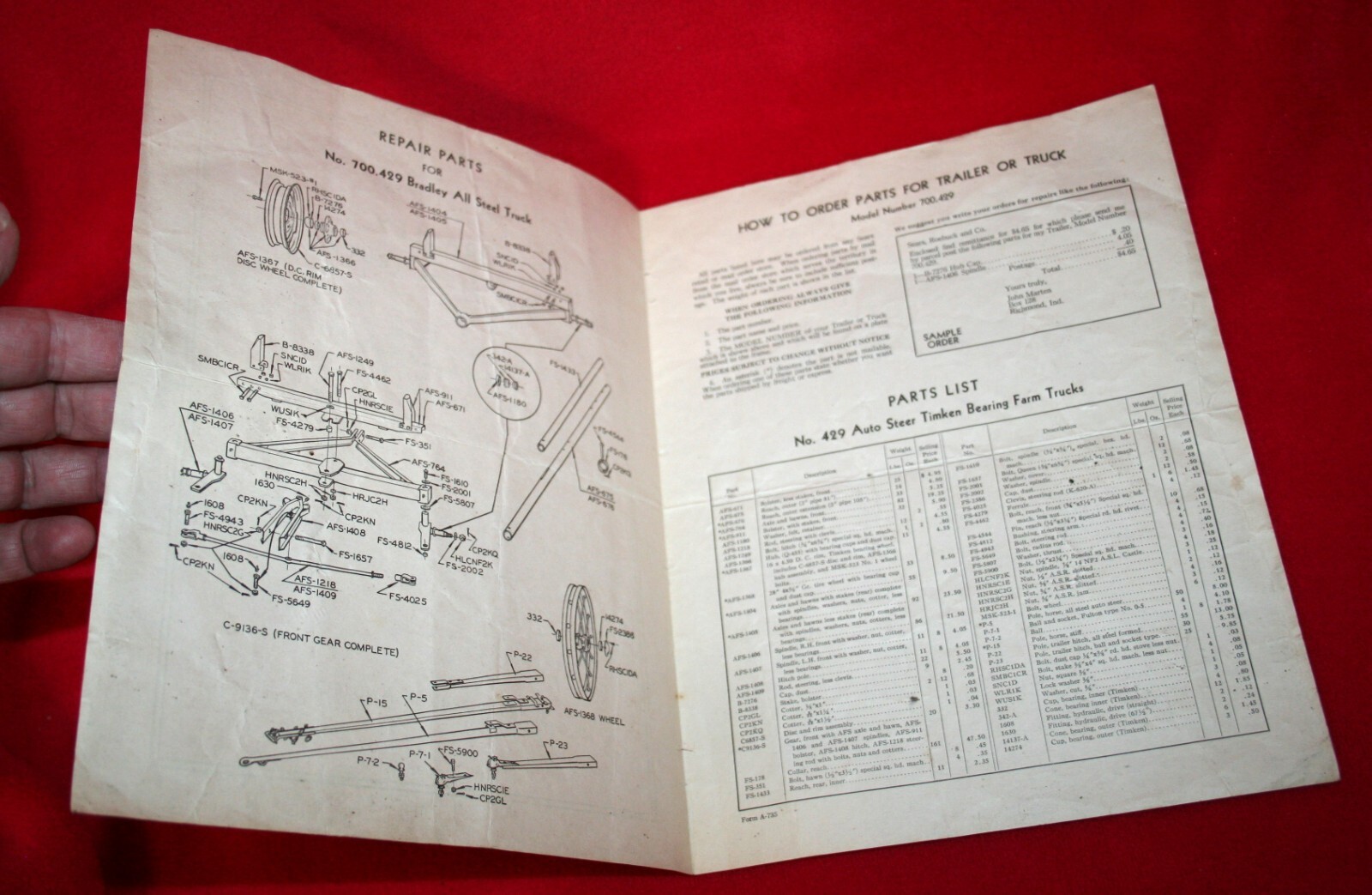 Vintage SEARS ROEBUCK David Bradley All Steel Farm Truck Parts List Catalog