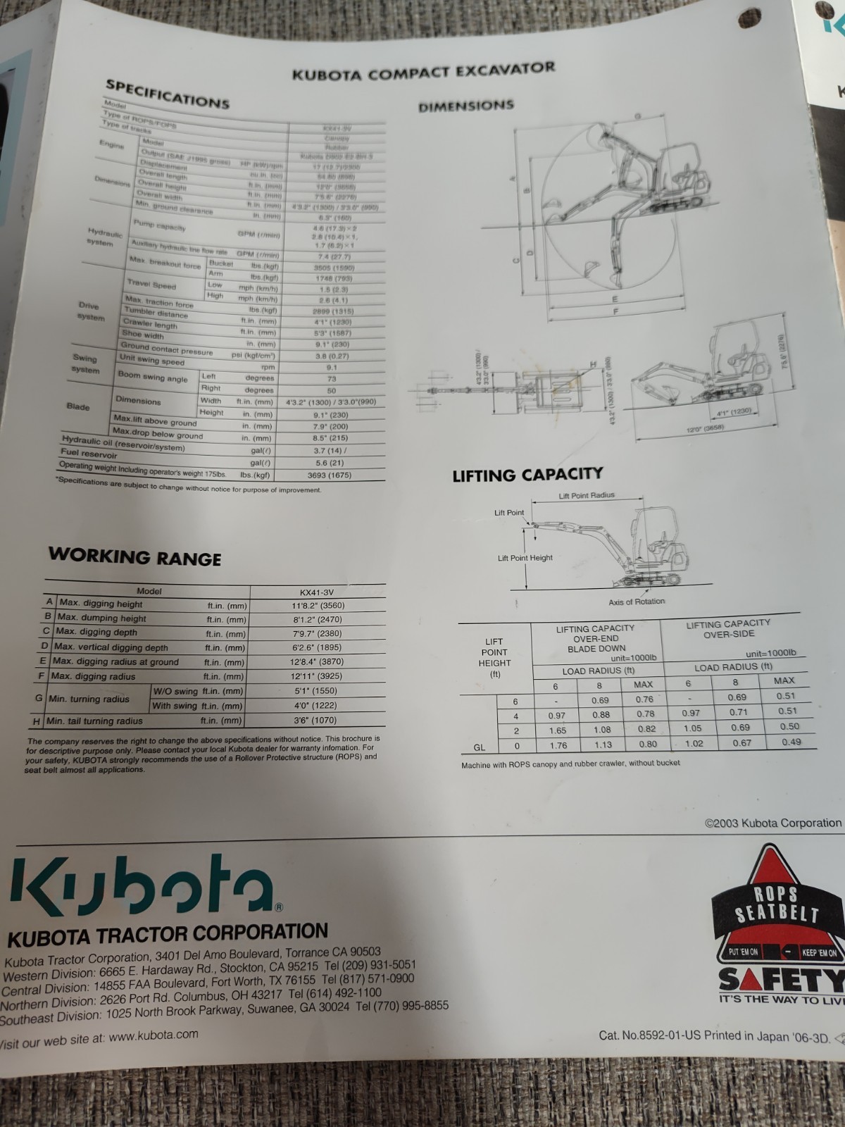 2003 Kubota KX Compact Excavator sales brochure