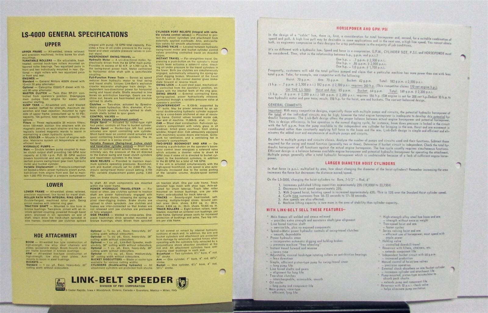 1968 Link Belt Speeder LS4000 Hydraulic Hoe Specs Construction Sales Brochure