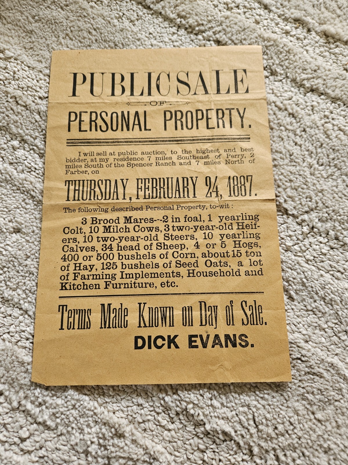 1887 Hand Bill Flyer Farm Auction Dick Evans Michigan Live Stock Equipment