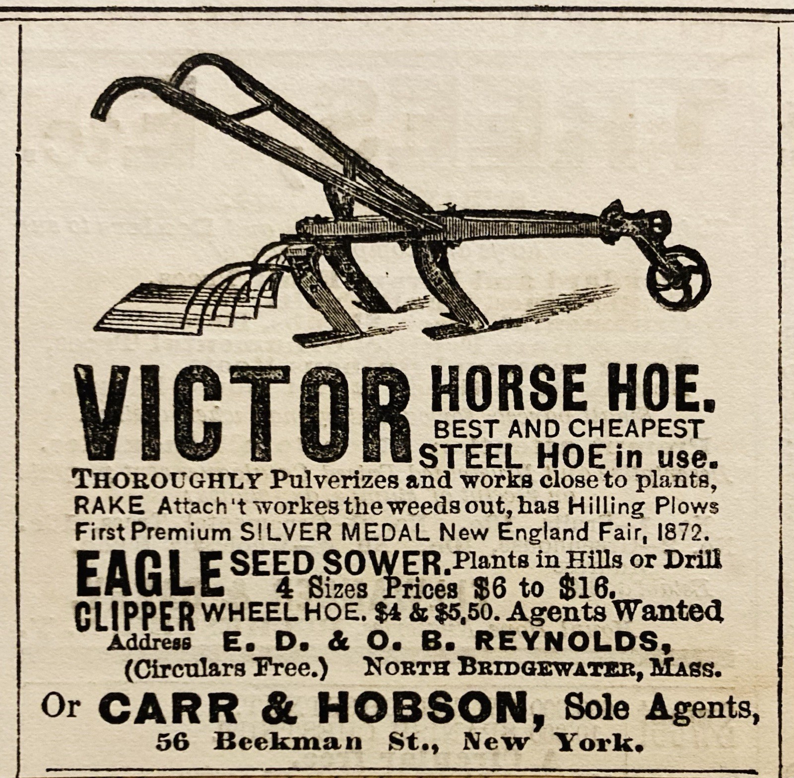 1874 AD.(PC6)~VICTOR HORSE HOE, NORTH BRIDGEWATER, MASS. SILVER MEDAL NE FAIR
