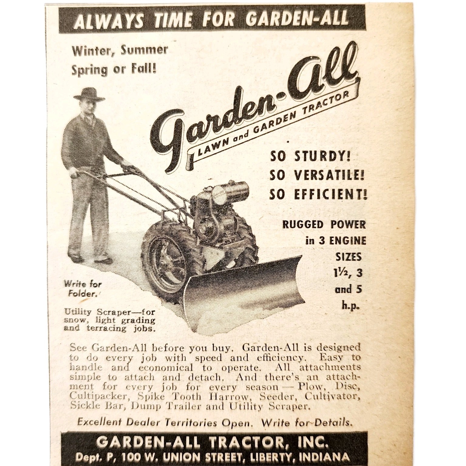 1947 Garden All Tractors All Seasons Plow Advertisement Vintage Agriculture E8J