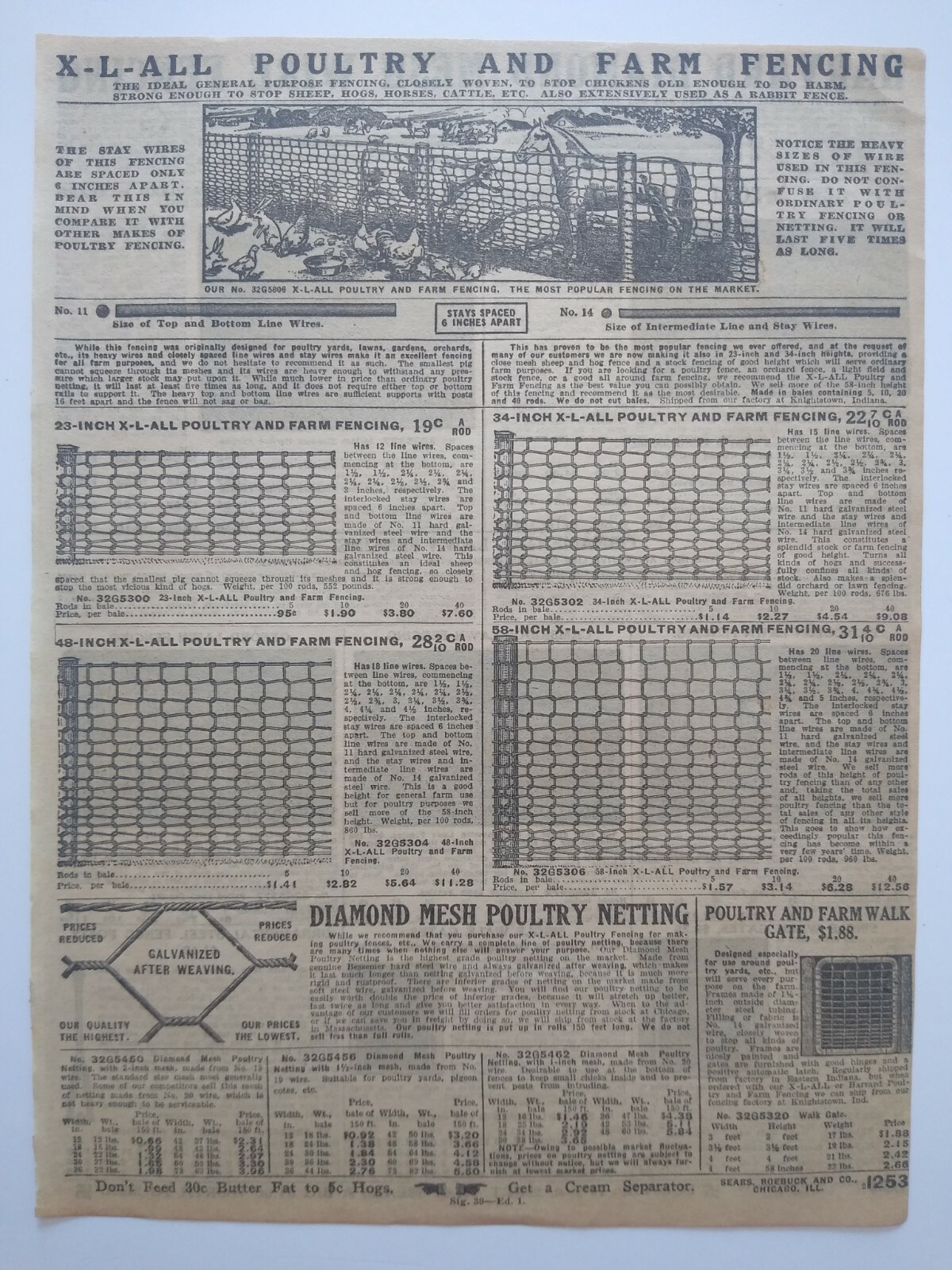 1911 Poultry Fencing Chicken Farming Art Sears Catalog Page Vintage Print Ad