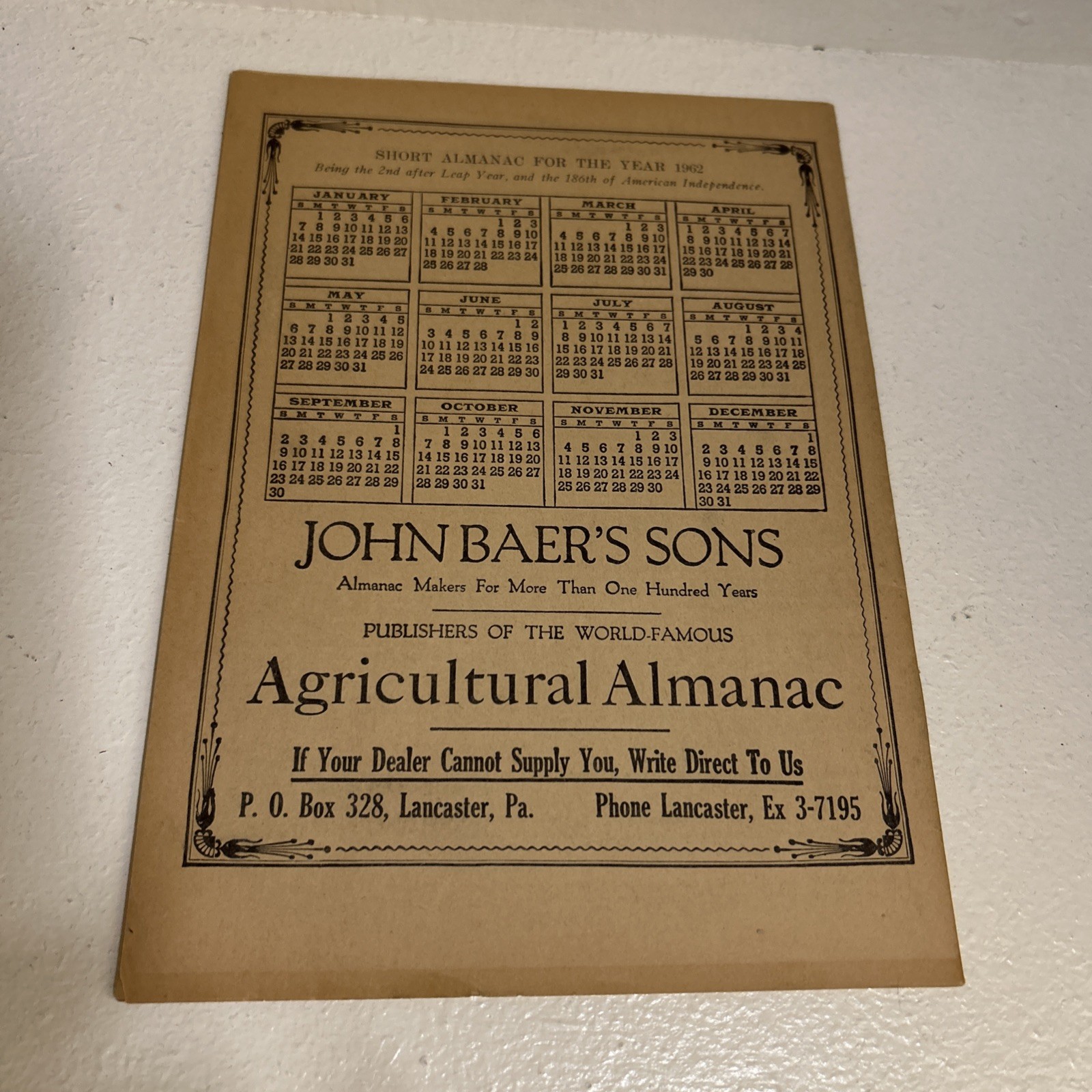 Vintage 1962 John Baer&rsquo;s Sons Agricultural Almanac Lancaster PA Farmers Almanac