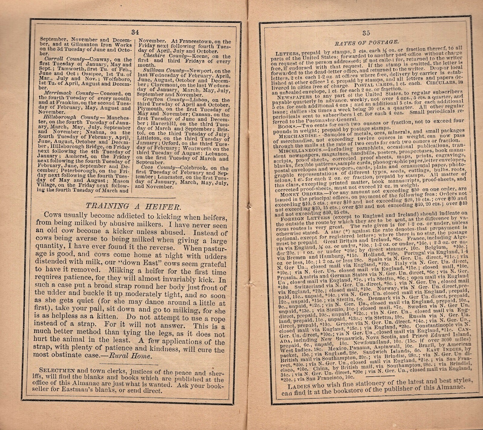 1874 Leavitt&rsquo;s Farmers Almanac Exeter NH Facts + How to Train a Heifer