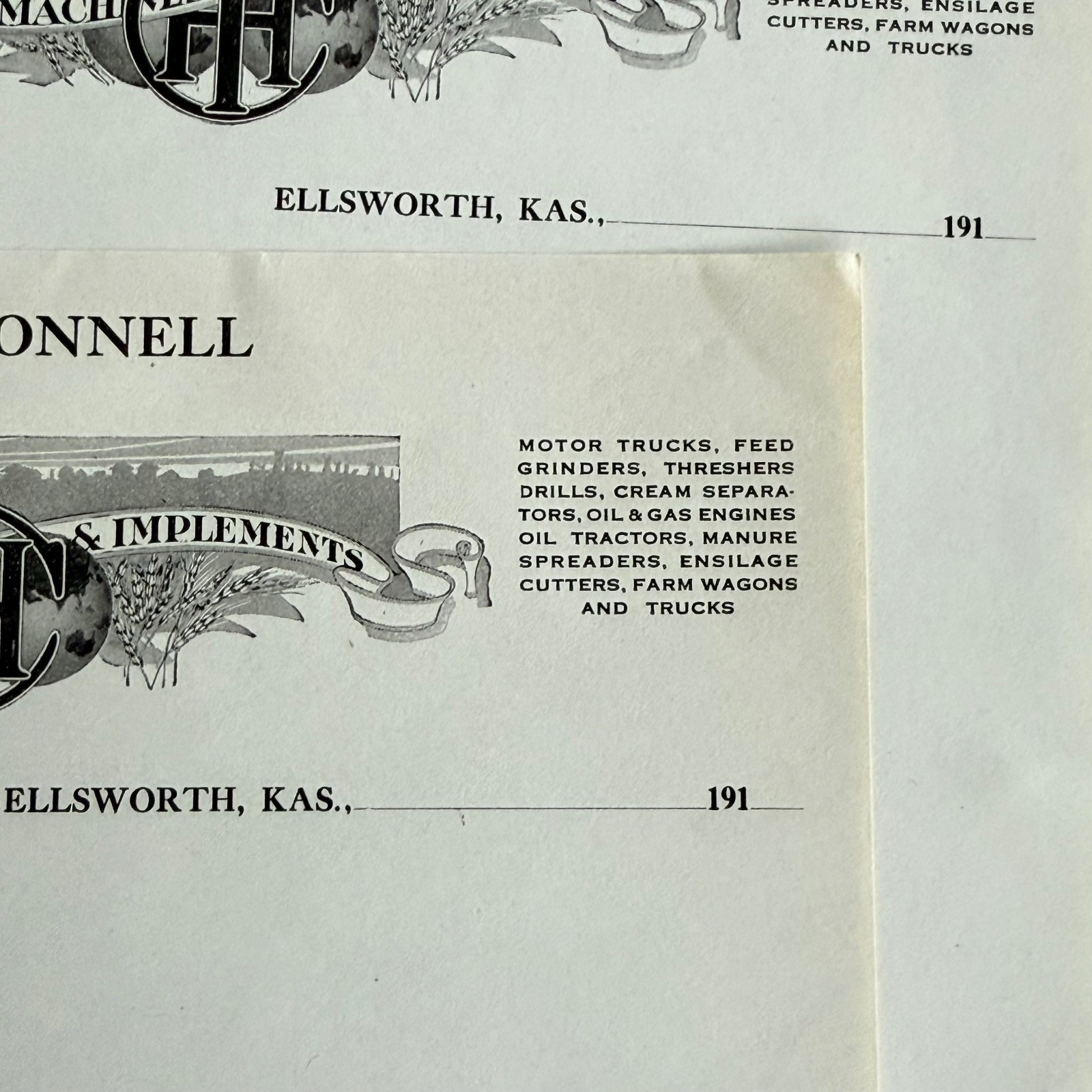 3 Vintage T.G. O&rsquo;Donnell Letterhead Advertising Ellsworth KS Farm Implements