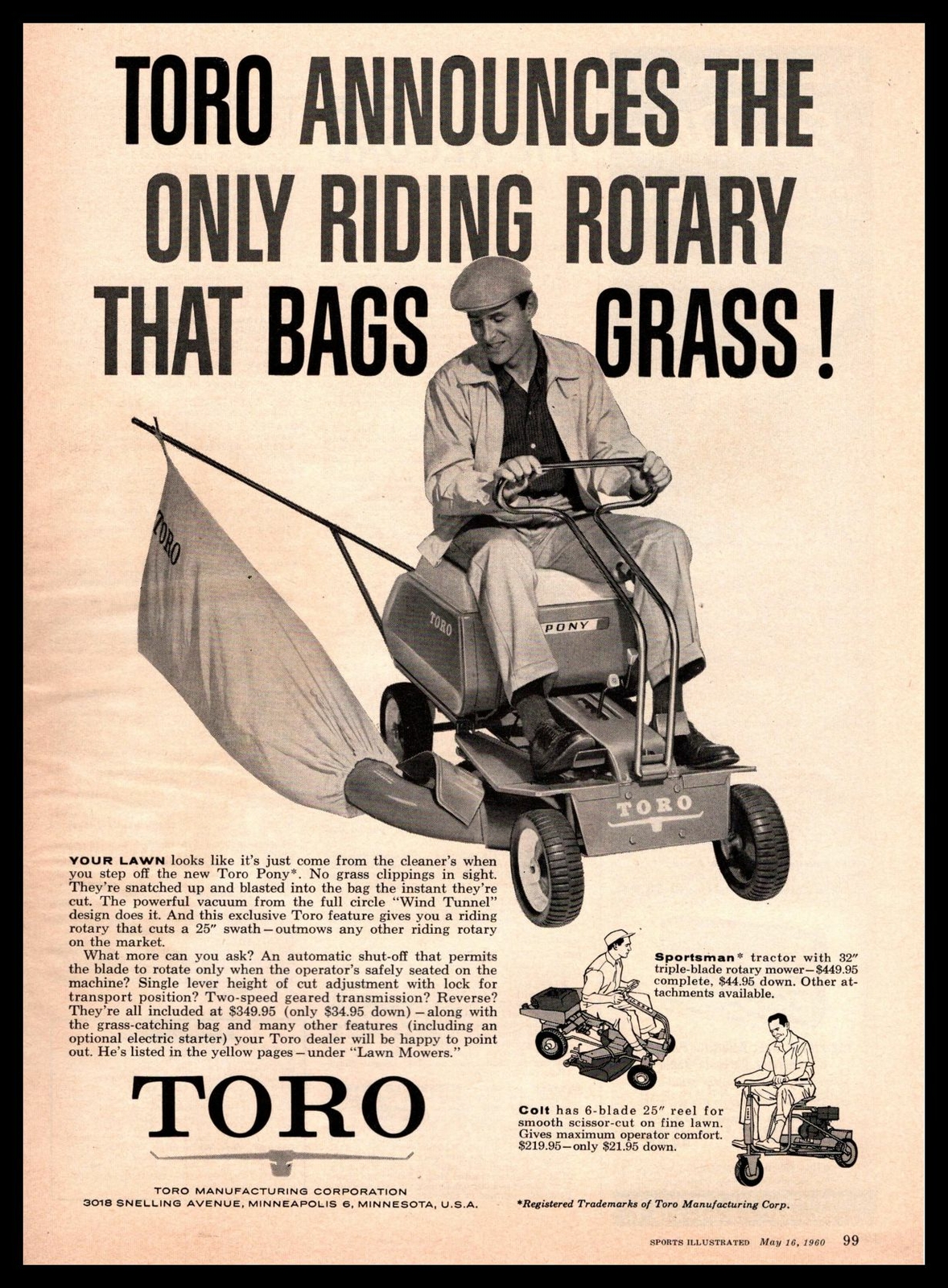 1960 Toro Minneapolis MN Riding Lawn Mower Tractors Pony Colt Sportsman Print Ad