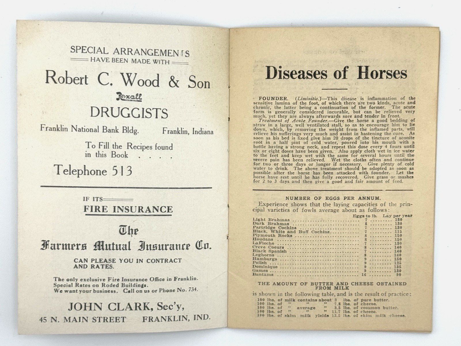 Vintage Farmer&rsquo;s Handbook Franklin National Bank Indiana Cures Horses Farm Info