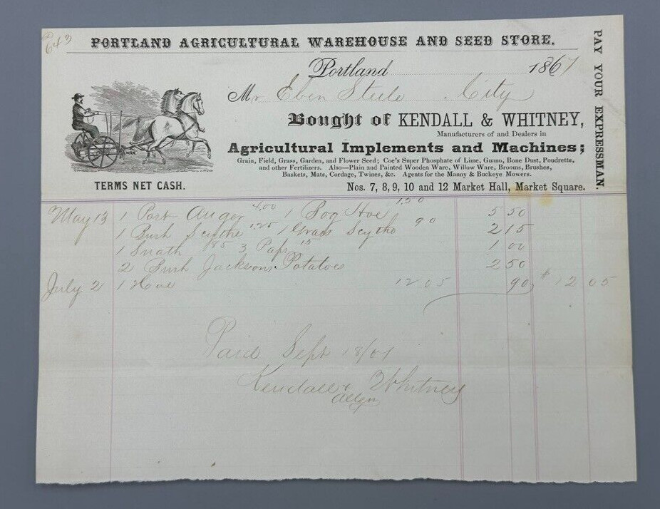 1867 Kendall & Whitney FARM Advertising PORTLAND MAINE Illustrated Invoice