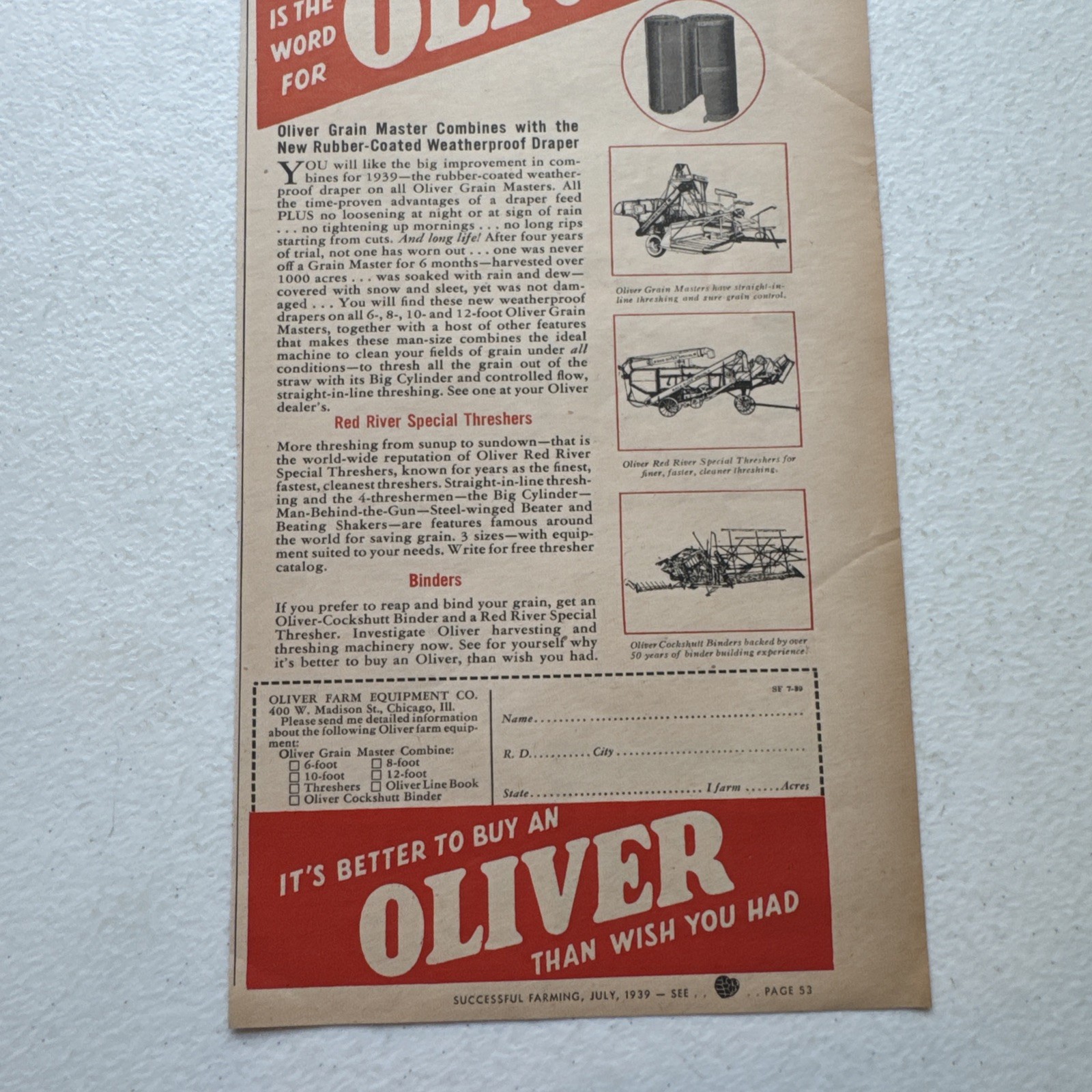 Oliver Grain Master Combines Successful Farming July 1939 Advertisement