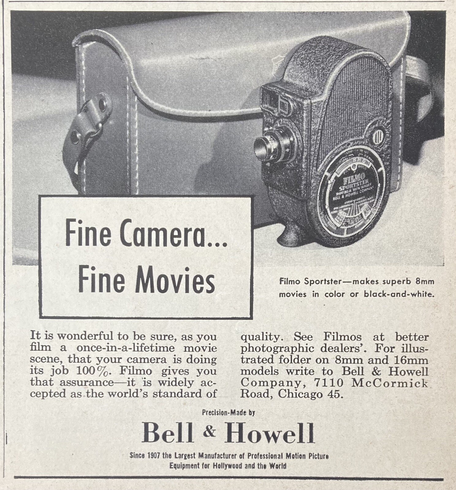1947 AD.(XH2)~BELL & HOWELL CO. CHICAGO. FILMO 8mm SPORTSTER MOVIE CAMERA